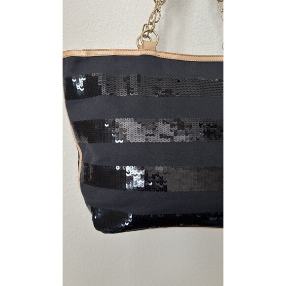 Iman Black Striped Sequined Tan Trimmed Gold Chain Shoulder Straps Tote Bag - Picture 2 of 15